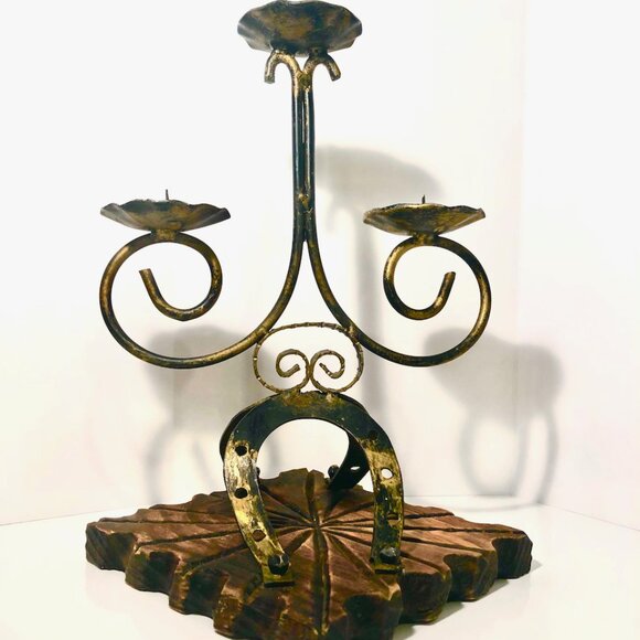 Wooden Vintage Brutalist Candelabra with horseshoe base. Made in Spain. - Picture 1 of 8